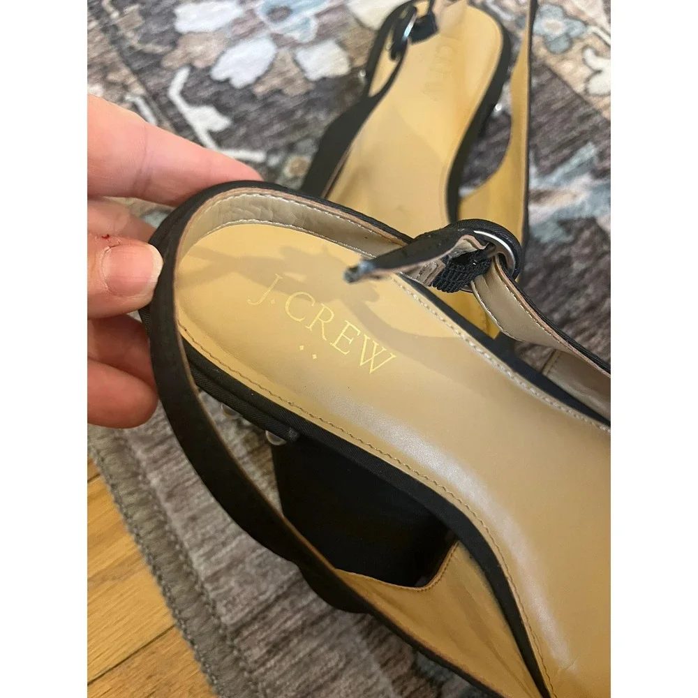 J.Crew Women's Black Embellished Pearl Heel Slingback‎ Flat Shoes Sz 8 BU506